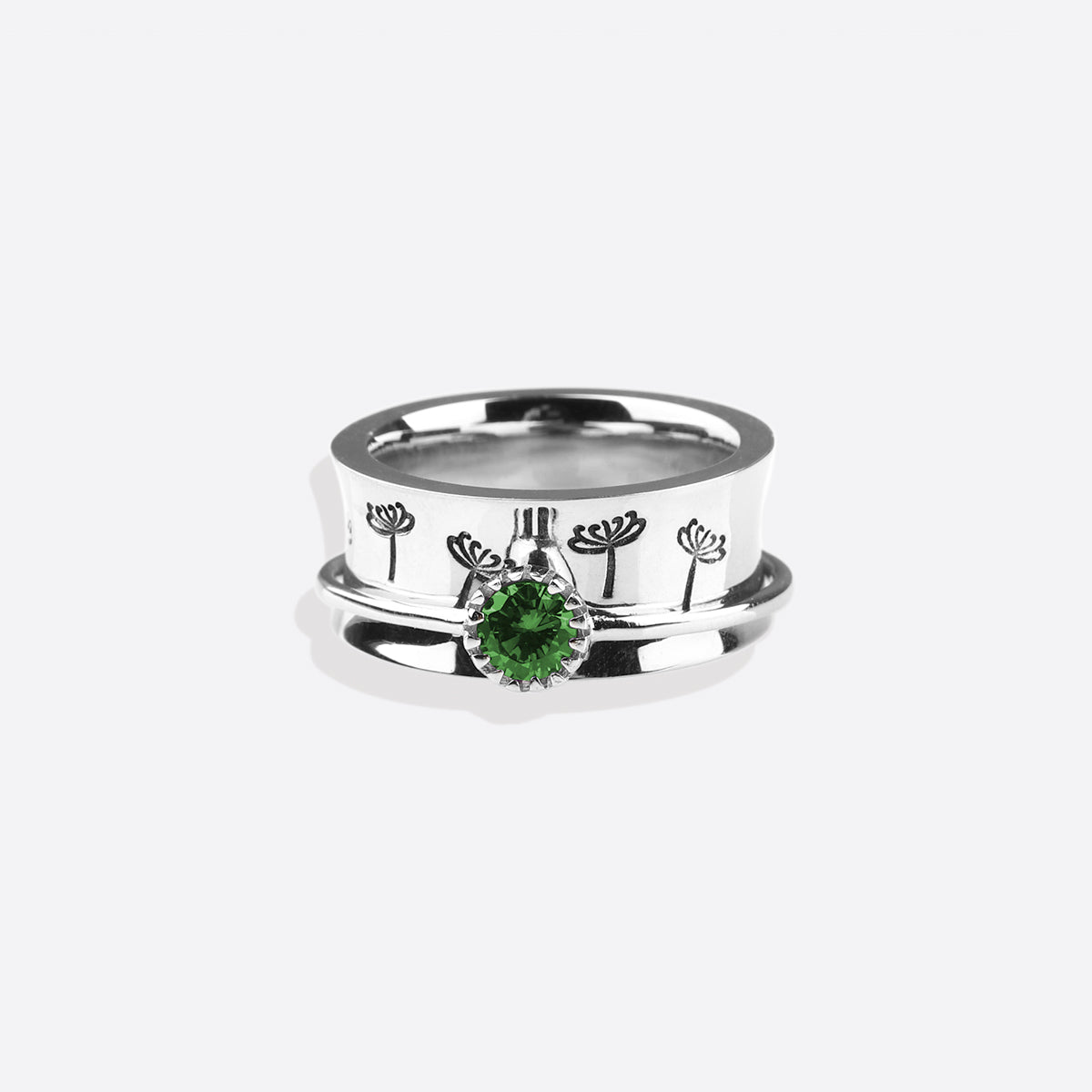 Silver Dandelion Birthstone Spinning Fidget Ring with May birthstone