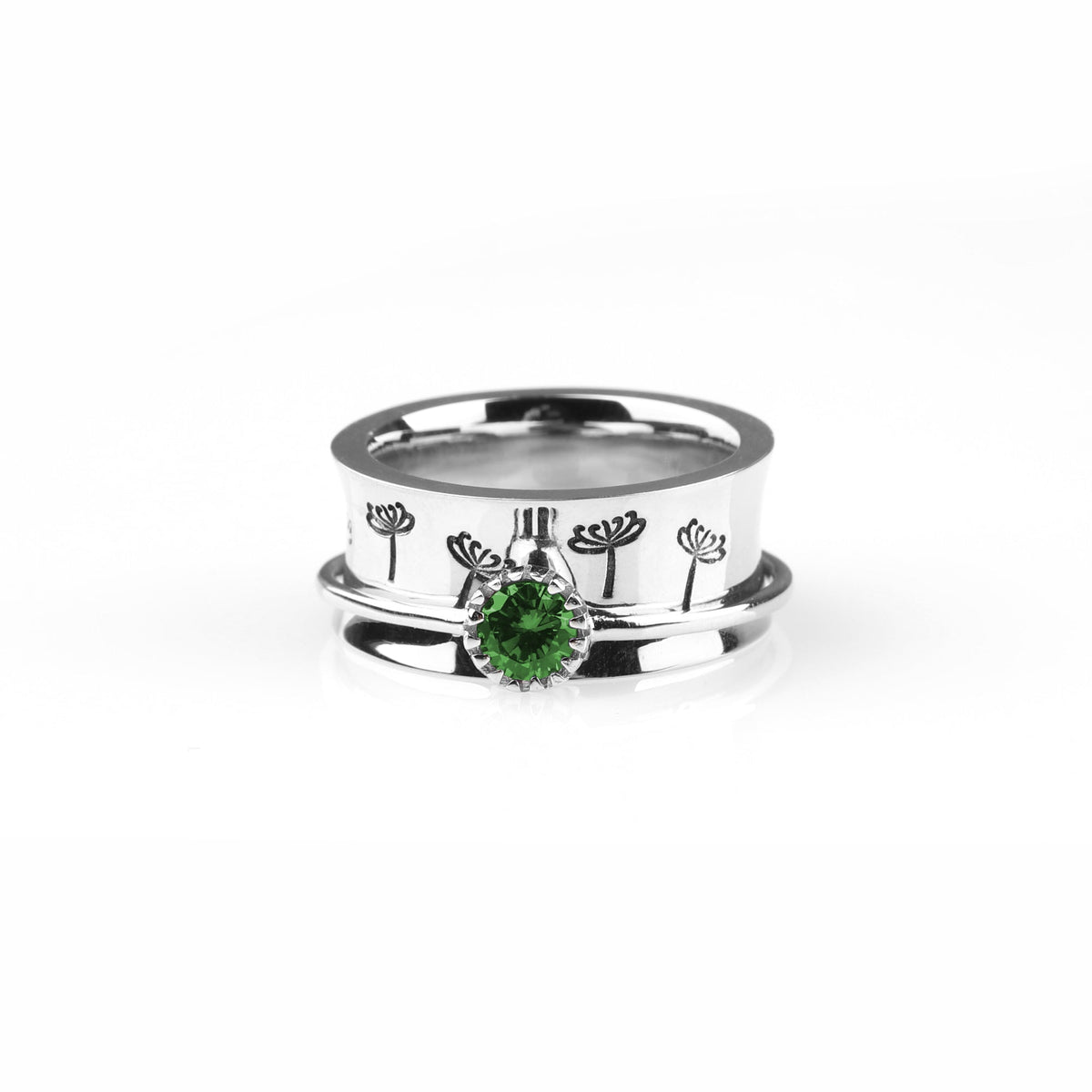 Silver Dandelion Birthstone Spinning Fidget Ring with May birthstone