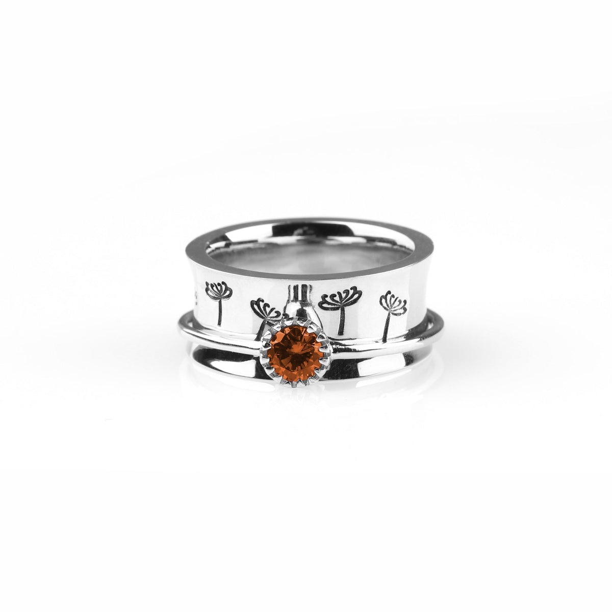Silver Dandelion Birthstone Spinning Fidget Ring with November birthstone