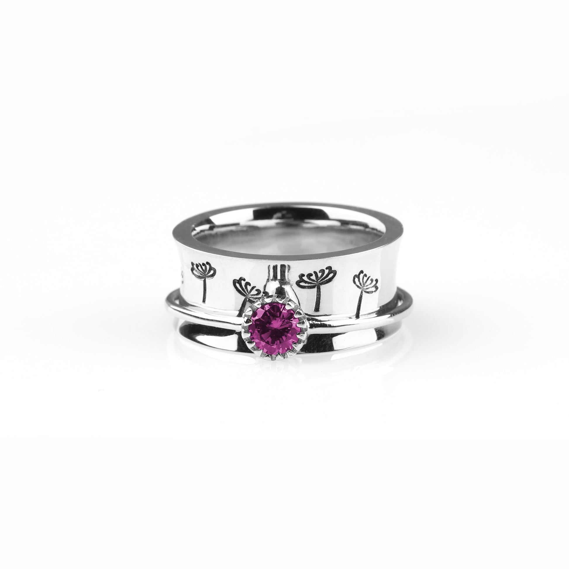 Silver Dandelion Birthstone Spinning Fidget Ring with October birthstone
