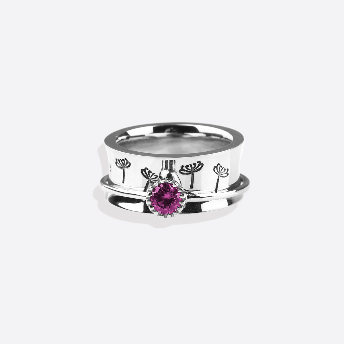 Silver Dandelion Birthstone Spinning Fidget Ring with October birthstone