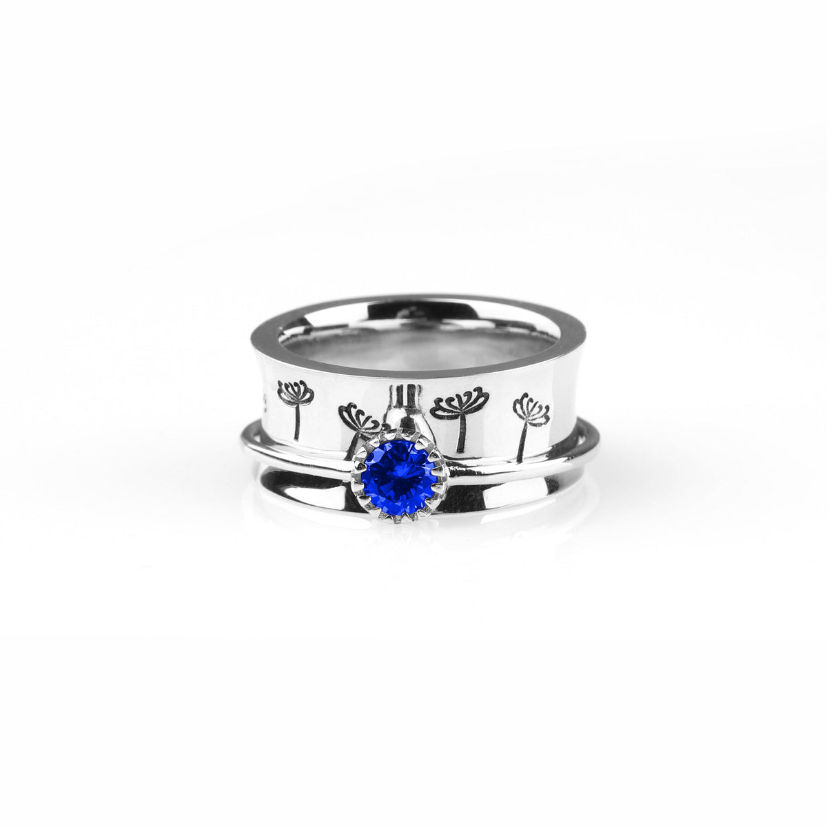 Silver Dandelion Birthstone Spinning Fidget Ring with September birthstone