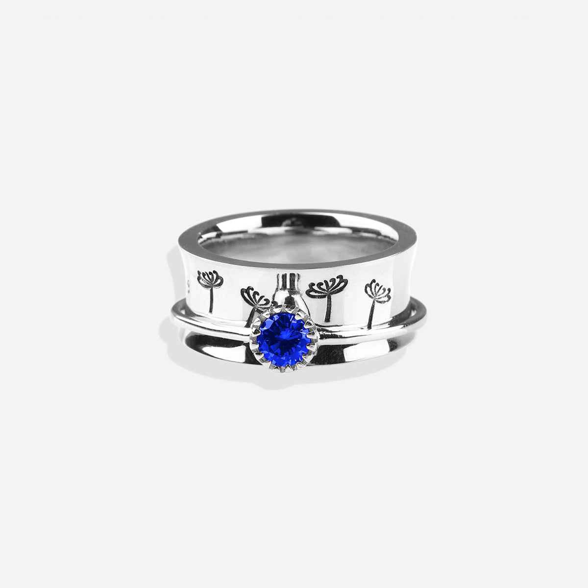 Silver Dandelion Birthstone Spinning Fidget Ring with September birthstone