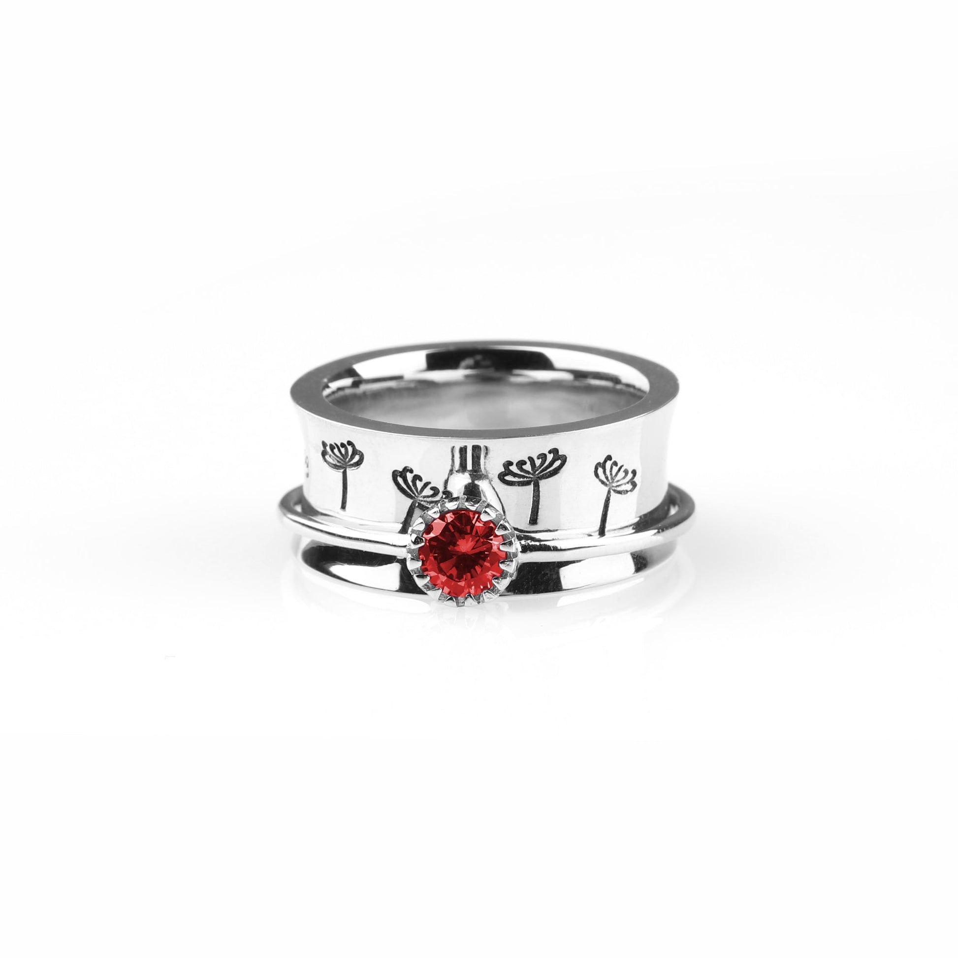 Silver Dandelion Birthstone Spinning Fidget Ring with January birthstone