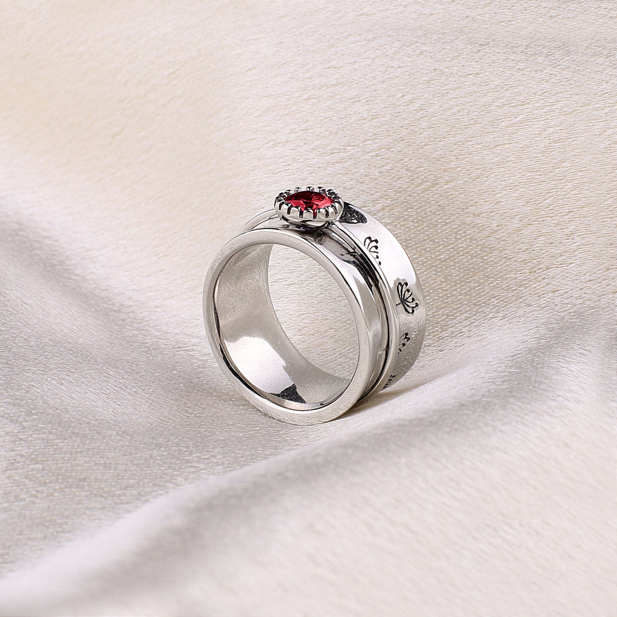 Silver Dandelion Birthstone Spinning Fidget Ring with January birthstone