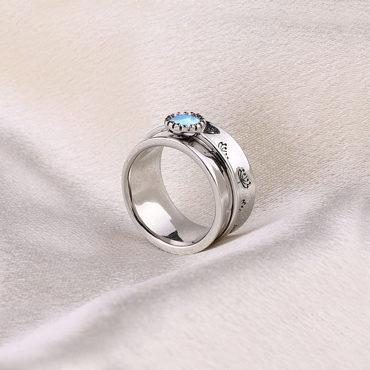 Silver Dandelion Birthstone Spinning Fidget Ring with June birthstone