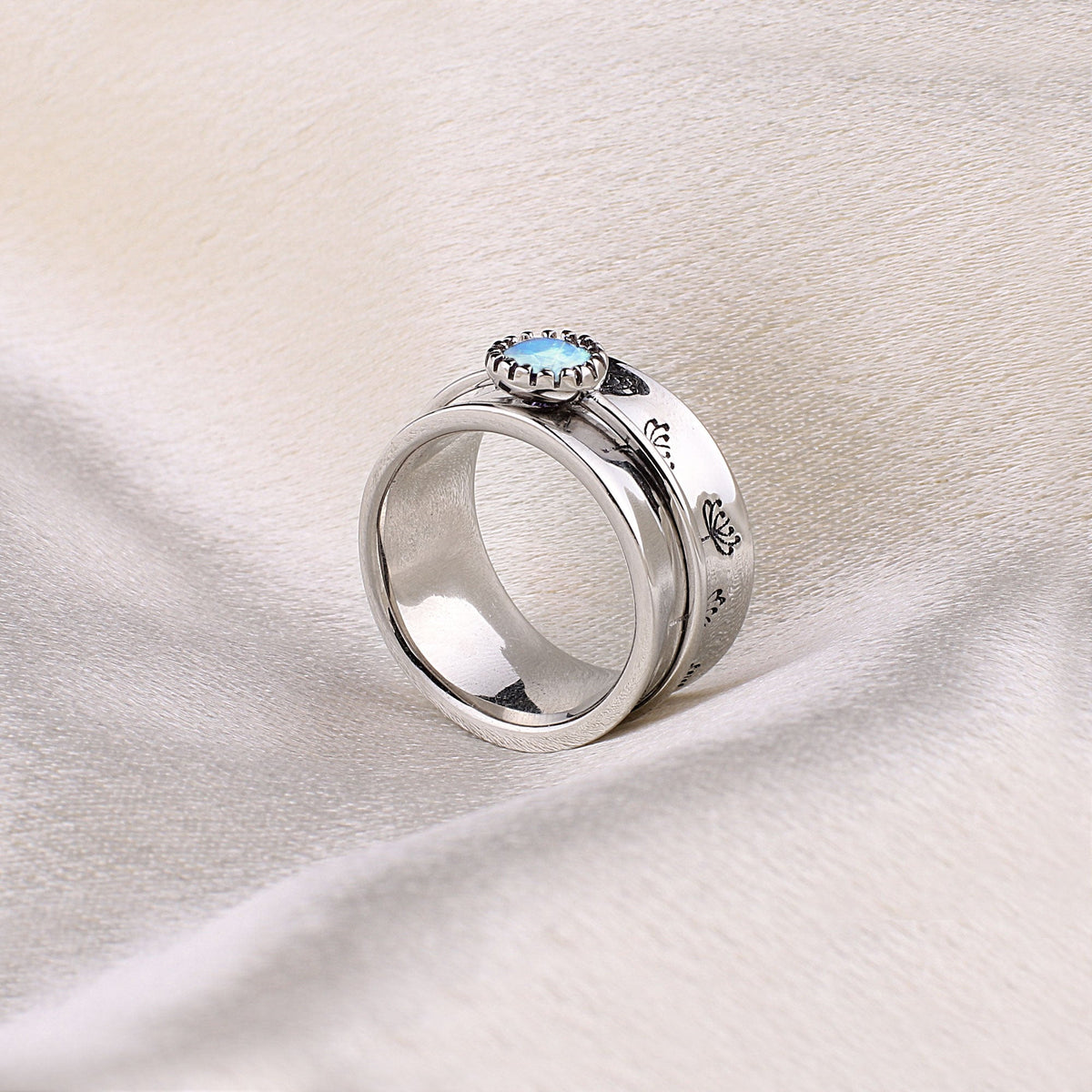 Silver Dandelion Birthstone Spinning Fidget Ring with June birthstone