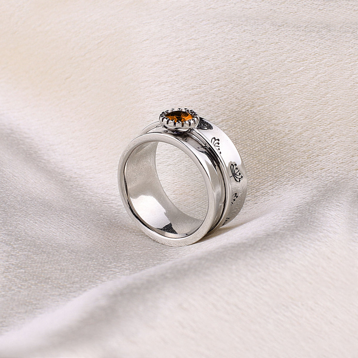 Silver Dandelion Birthstone Spinning Fidget Ring with November birthstone