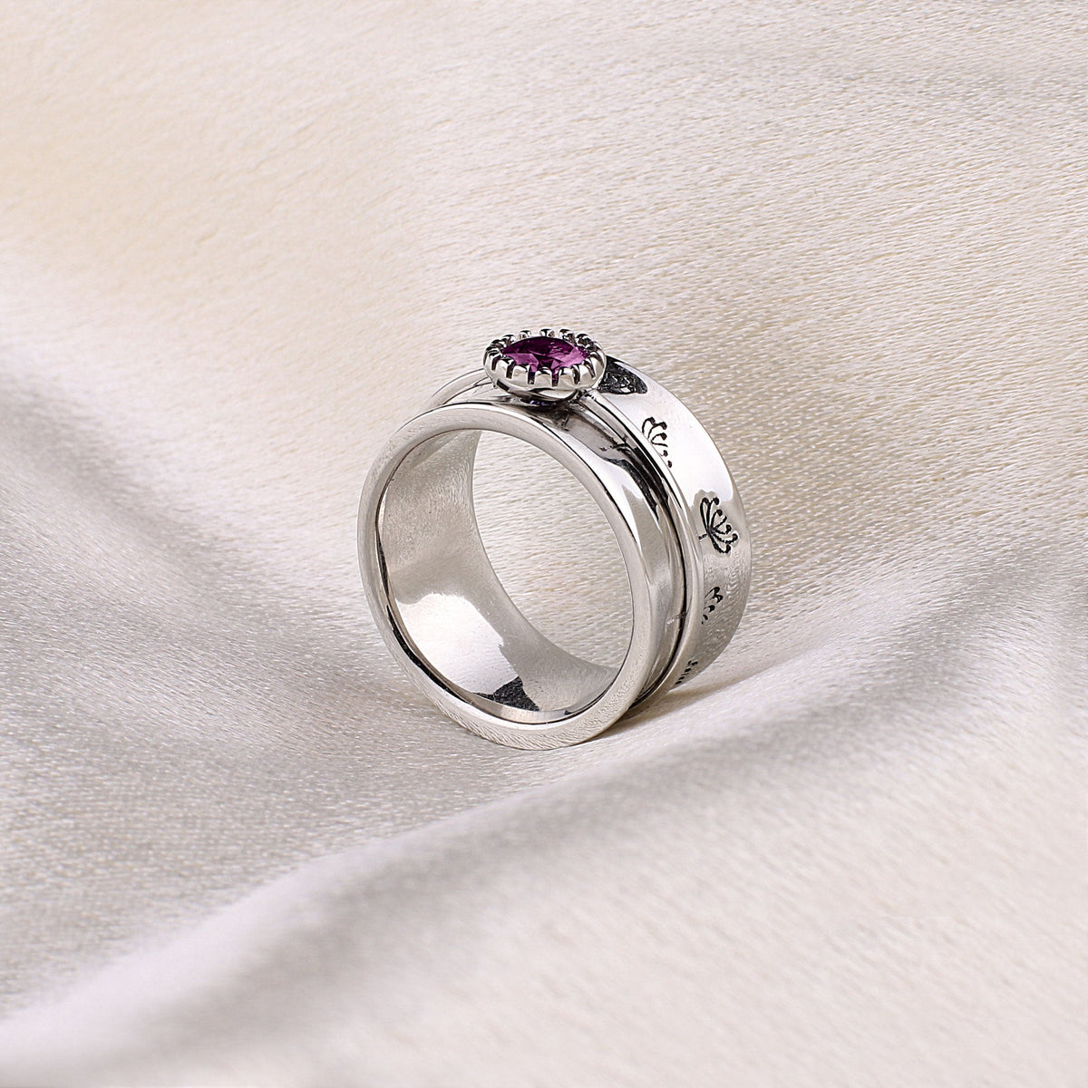 Silver Dandelion Birthstone Spinning Fidget Ring with October birthstone