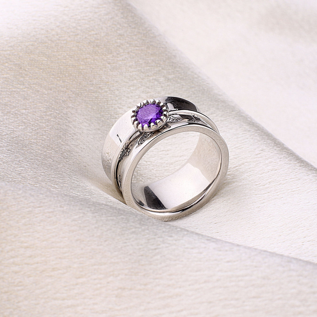 Silver Dandelion Birthstone Spinning Fidget Ring with February birthstone