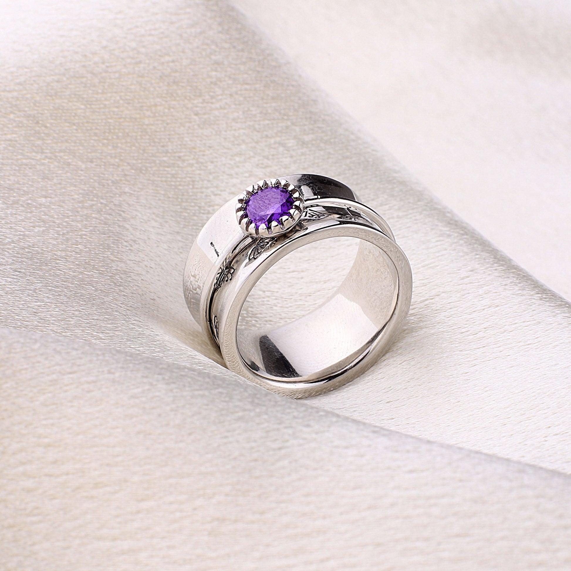 Silver Dandelion Birthstone Spinning Fidget Ring with February birthstone