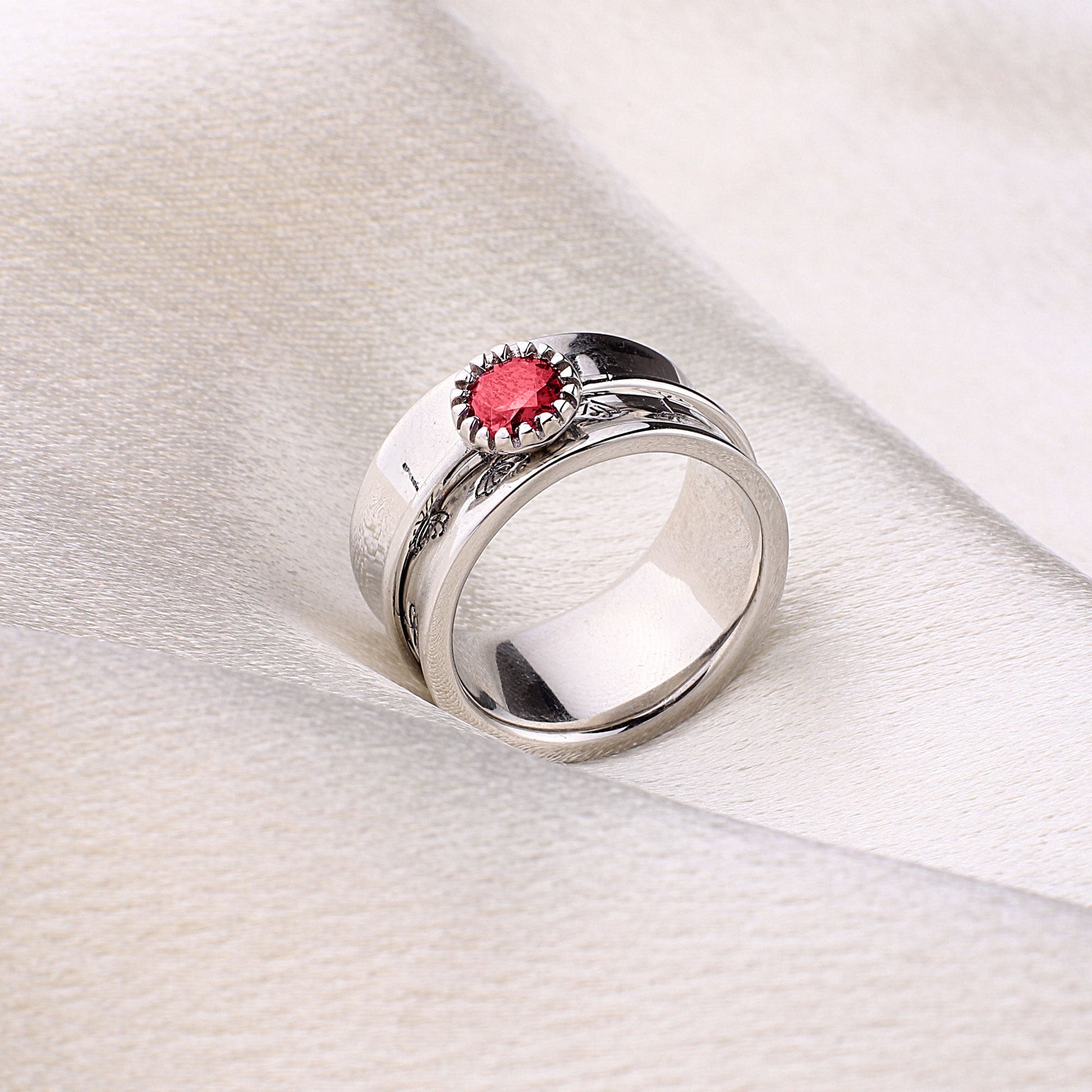 Silver Dandelion Birthstone Spinning Fidget Ring with January birthstone