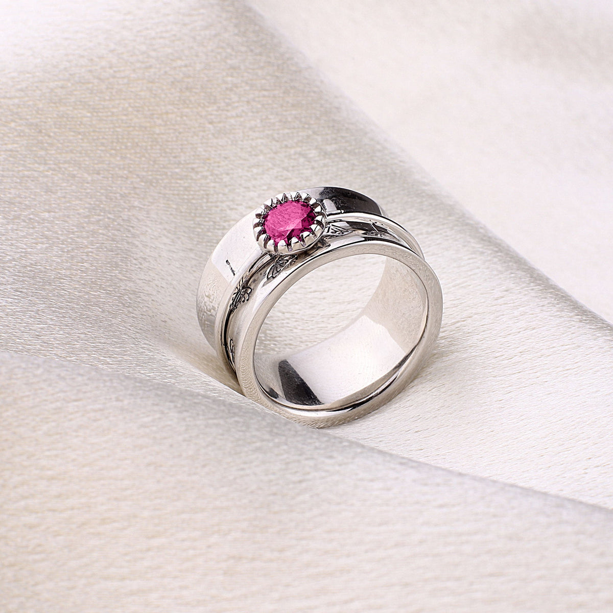 Silver Dandelion Birthstone Spinning Fidget Ring with July birthstone