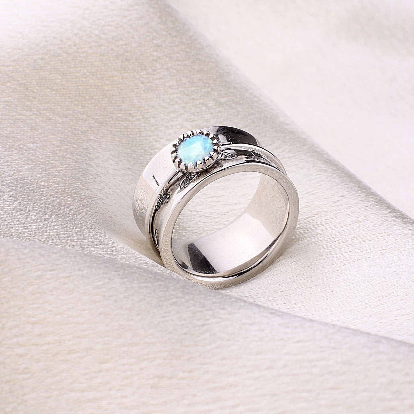 Silver Dandelion Birthstone Spinning Fidget Ring with June birthstone
