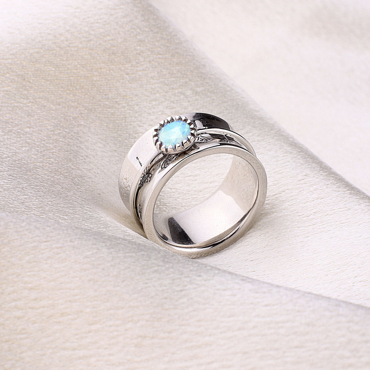 Silver Dandelion Birthstone Spinning Fidget Ring with June birthstone