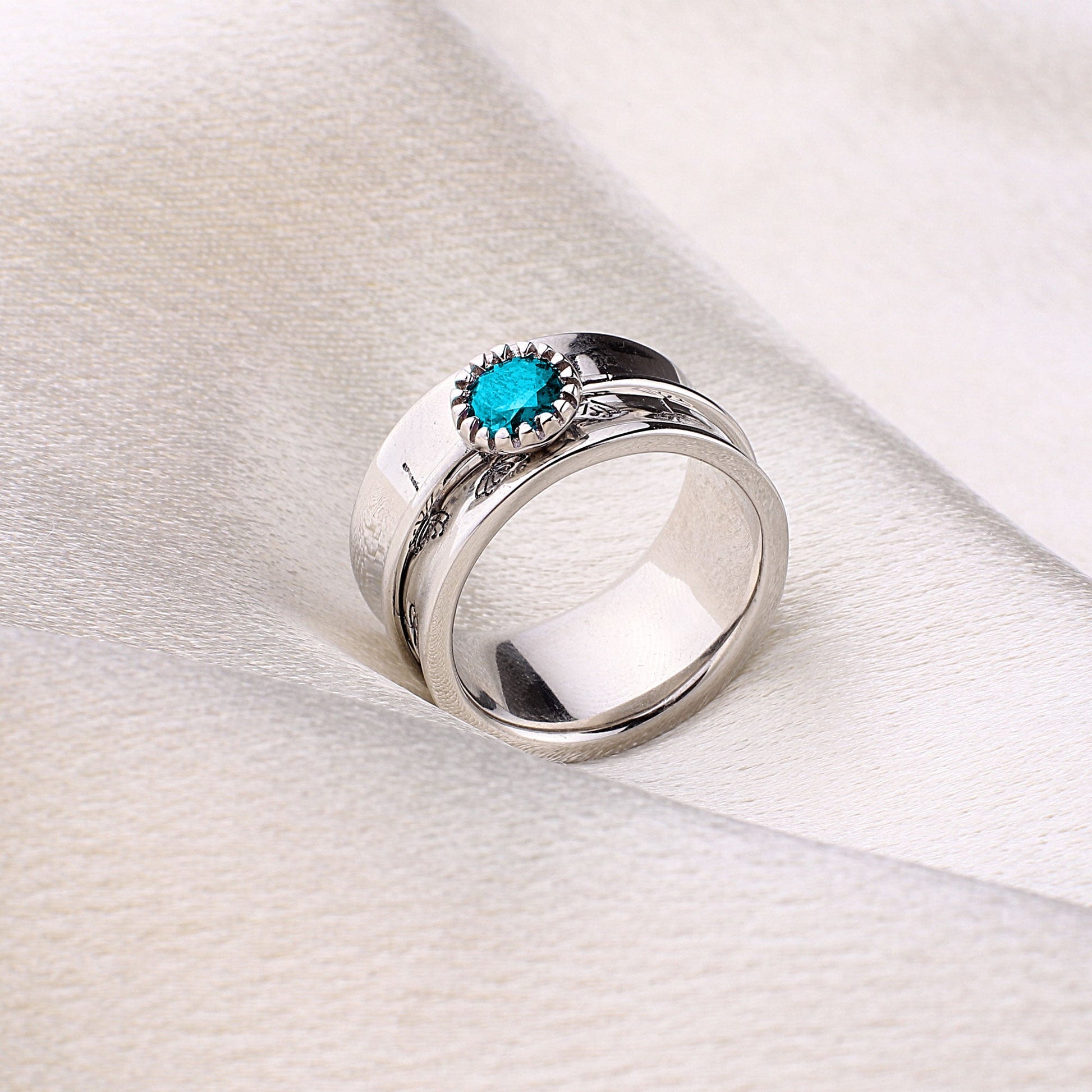 Silver Dandelion Birthstone Spinning Fidget Ring with March birthstone