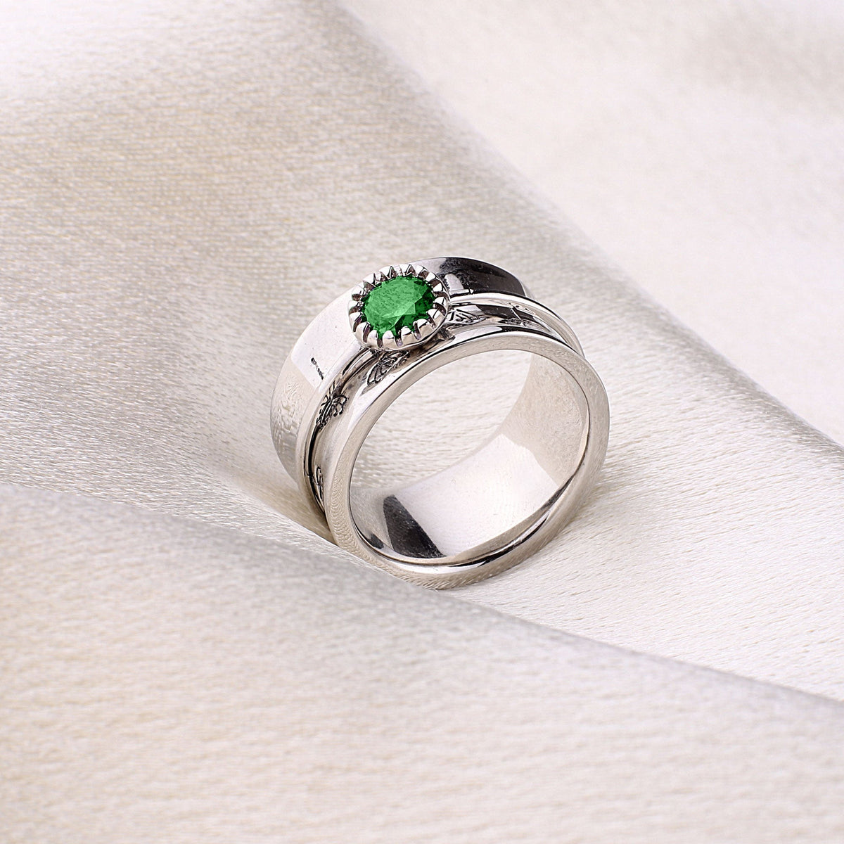 Silver Dandelion Birthstone Spinning Fidget Ring with May birthstone