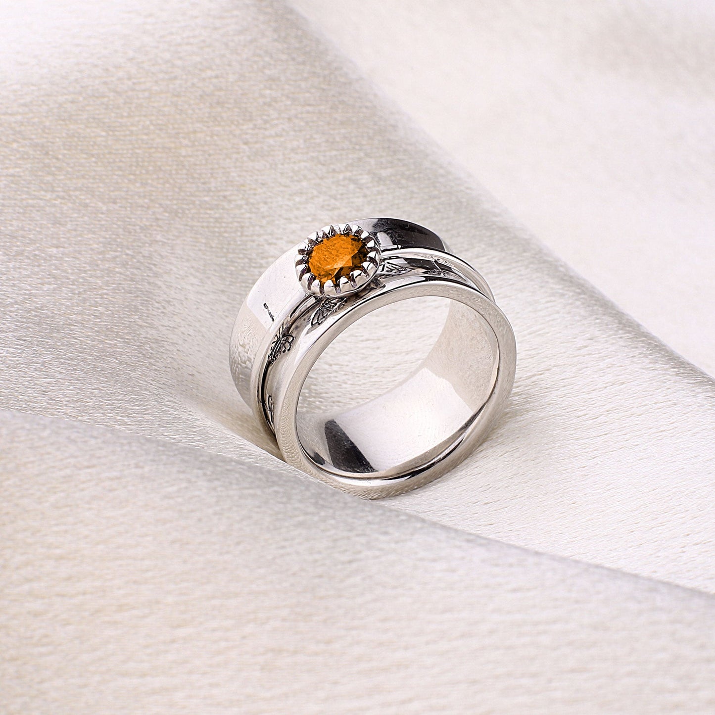 Silver Dandelion Birthstone Spinning Fidget Ring with November birthstone