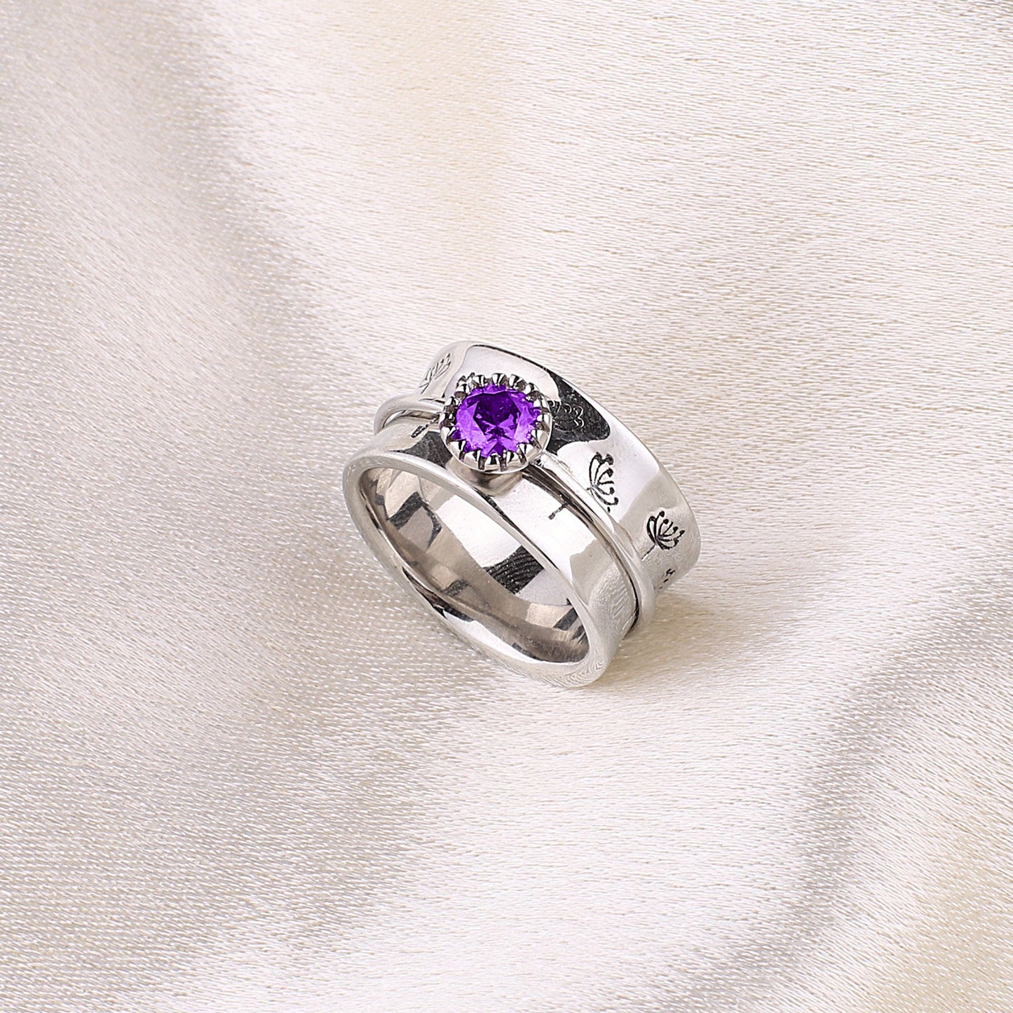 Silver Dandelion Birthstone Spinning Fidget Ring with February birthstone