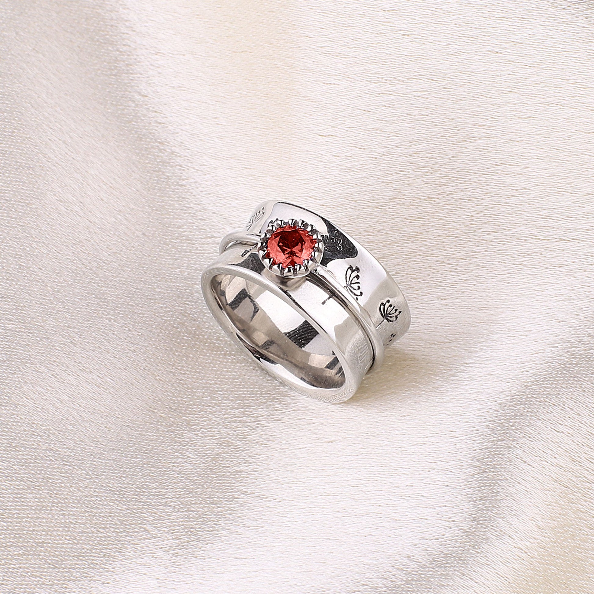 Silver Dandelion Birthstone Spinning Fidget Ring with January birthstone