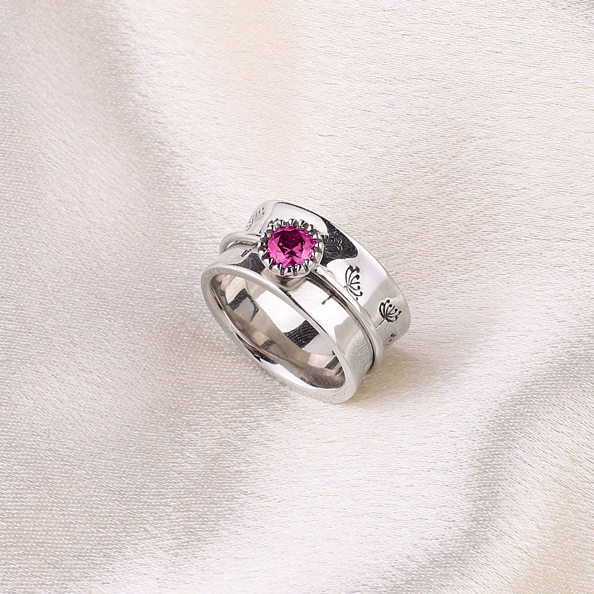 Silver Dandelion Birthstone Spinning Fidget Ring with July birthstone