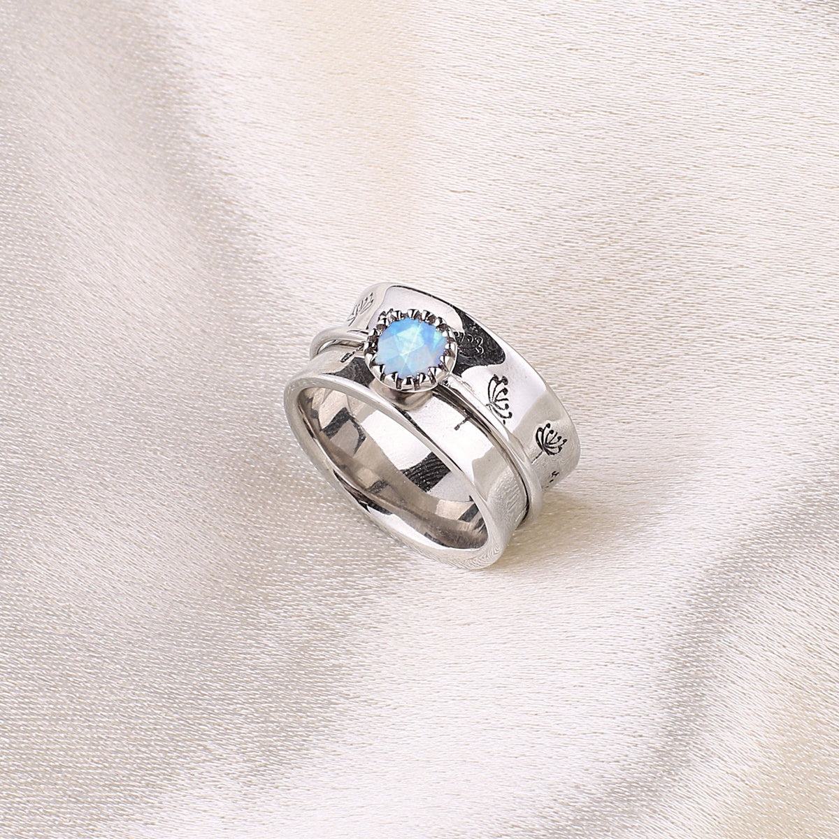 Silver Dandelion Birthstone Spinning Fidget Ring with June birthstone