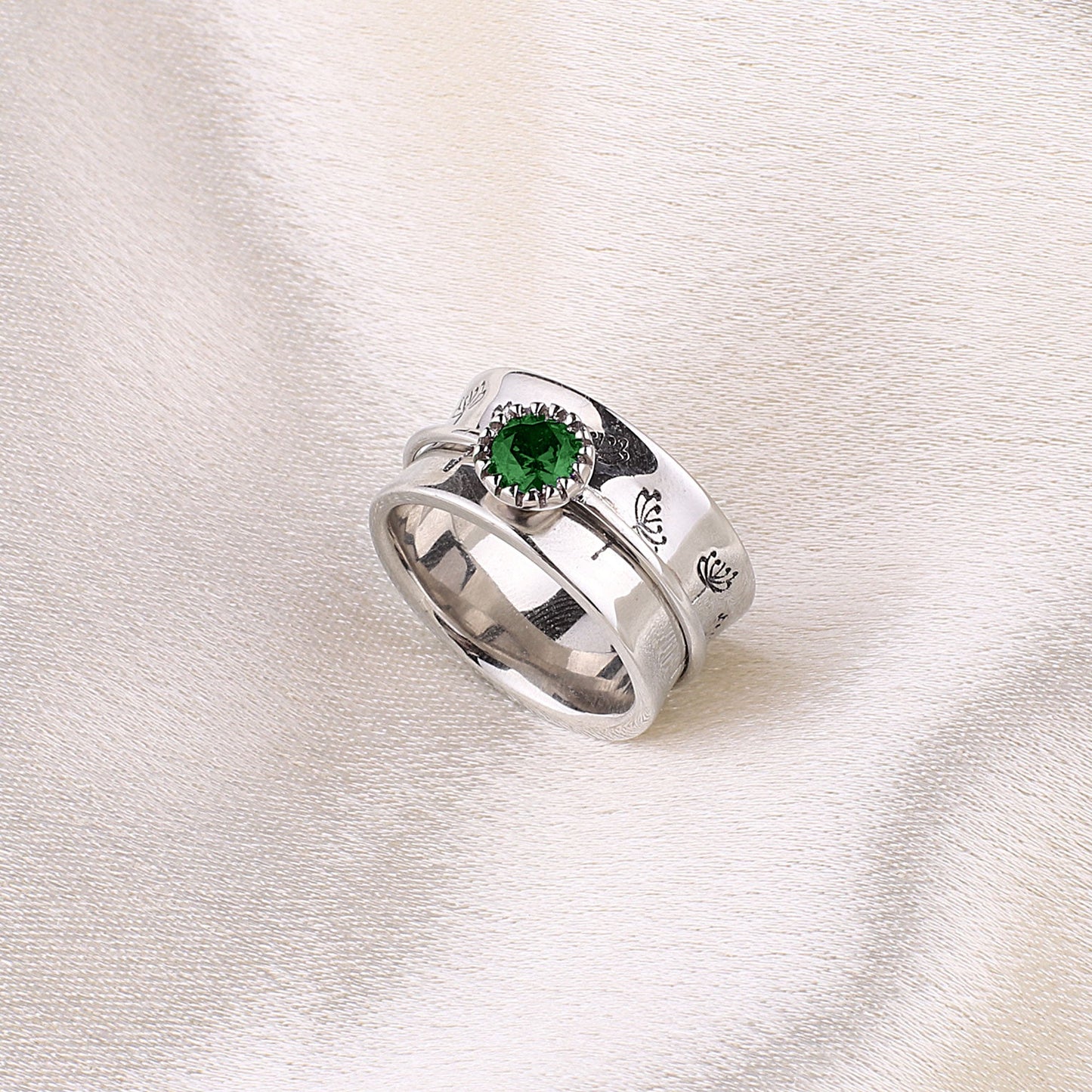 Silver Dandelion Birthstone Spinning Fidget Ring with May birthstone