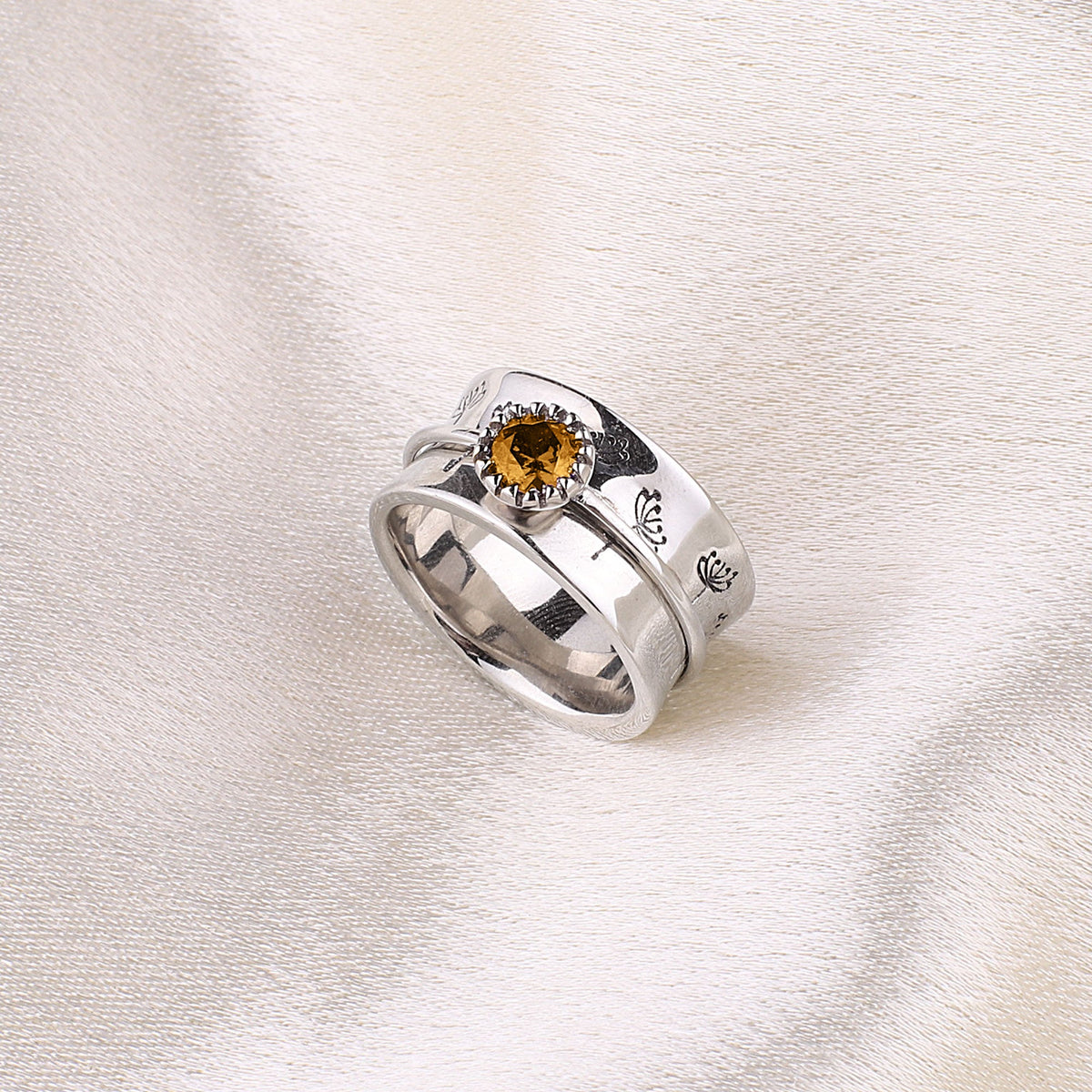 Silver Dandelion Birthstone Spinning Fidget Ring with November birthstone