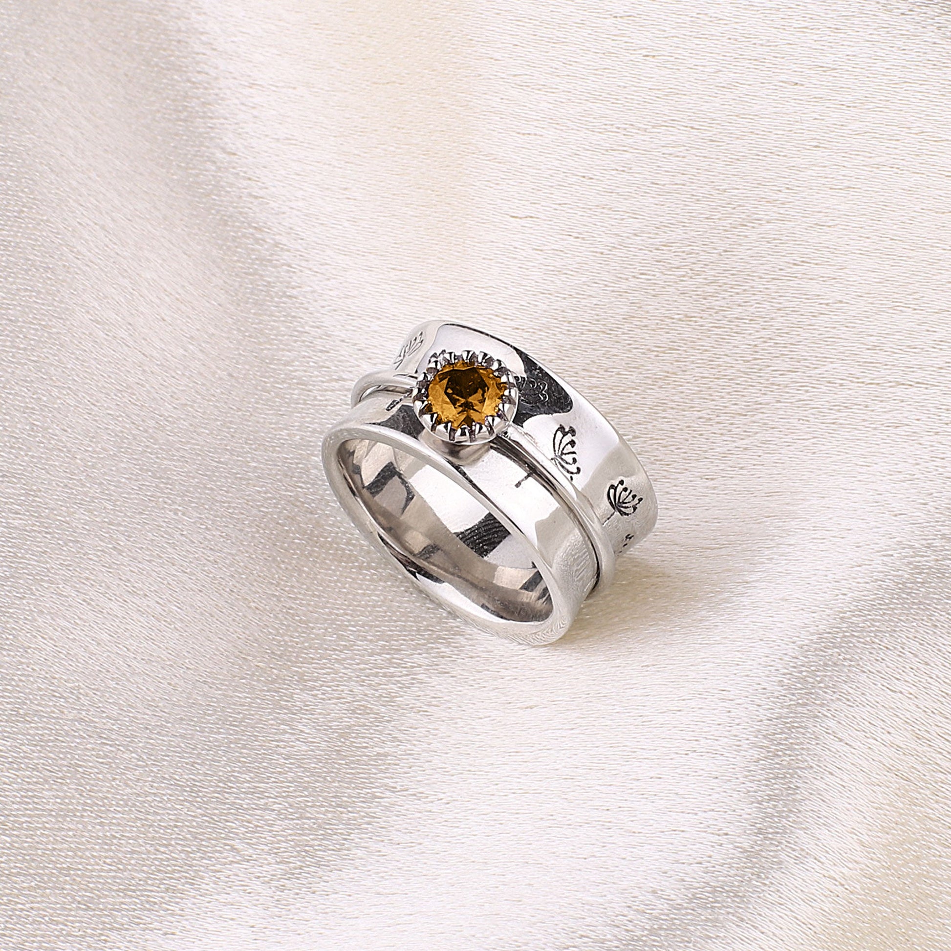 Silver Dandelion Birthstone Spinning Fidget Ring with November birthstone