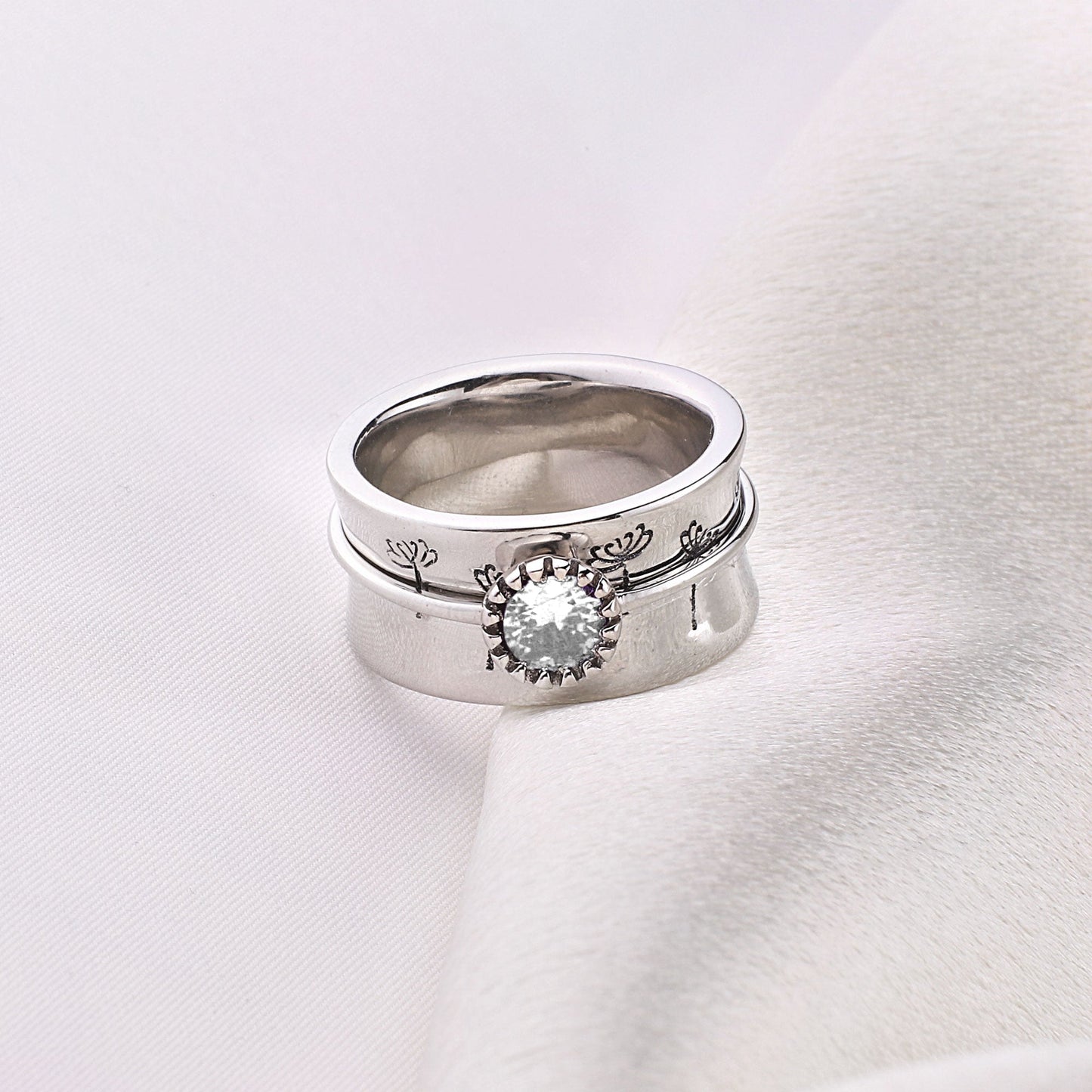 Silver Dandelion Birthstone Spinning Fidget Ring with April birthstone