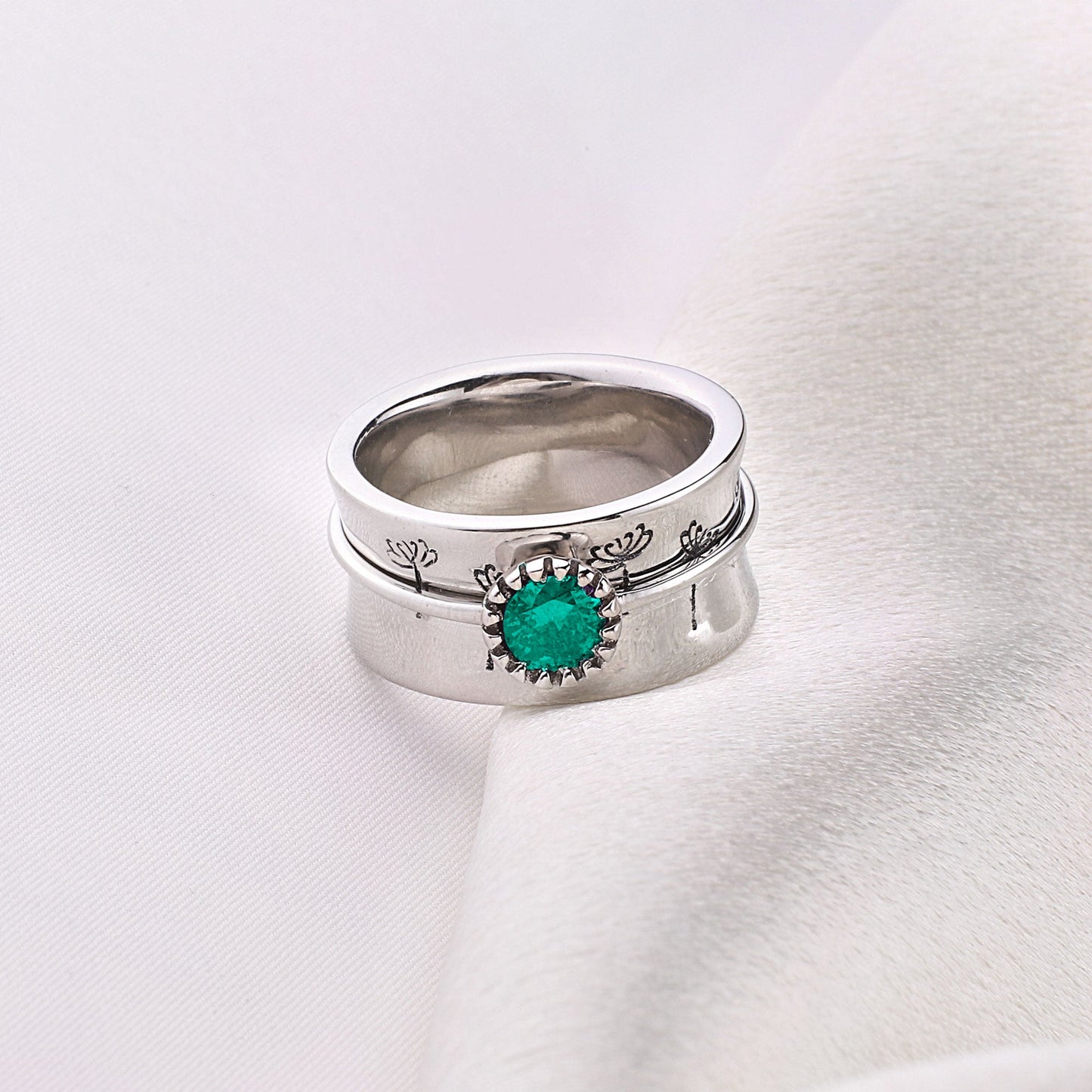 Silver Dandelion Birthstone Spinning Fidget Ring with December birthstone