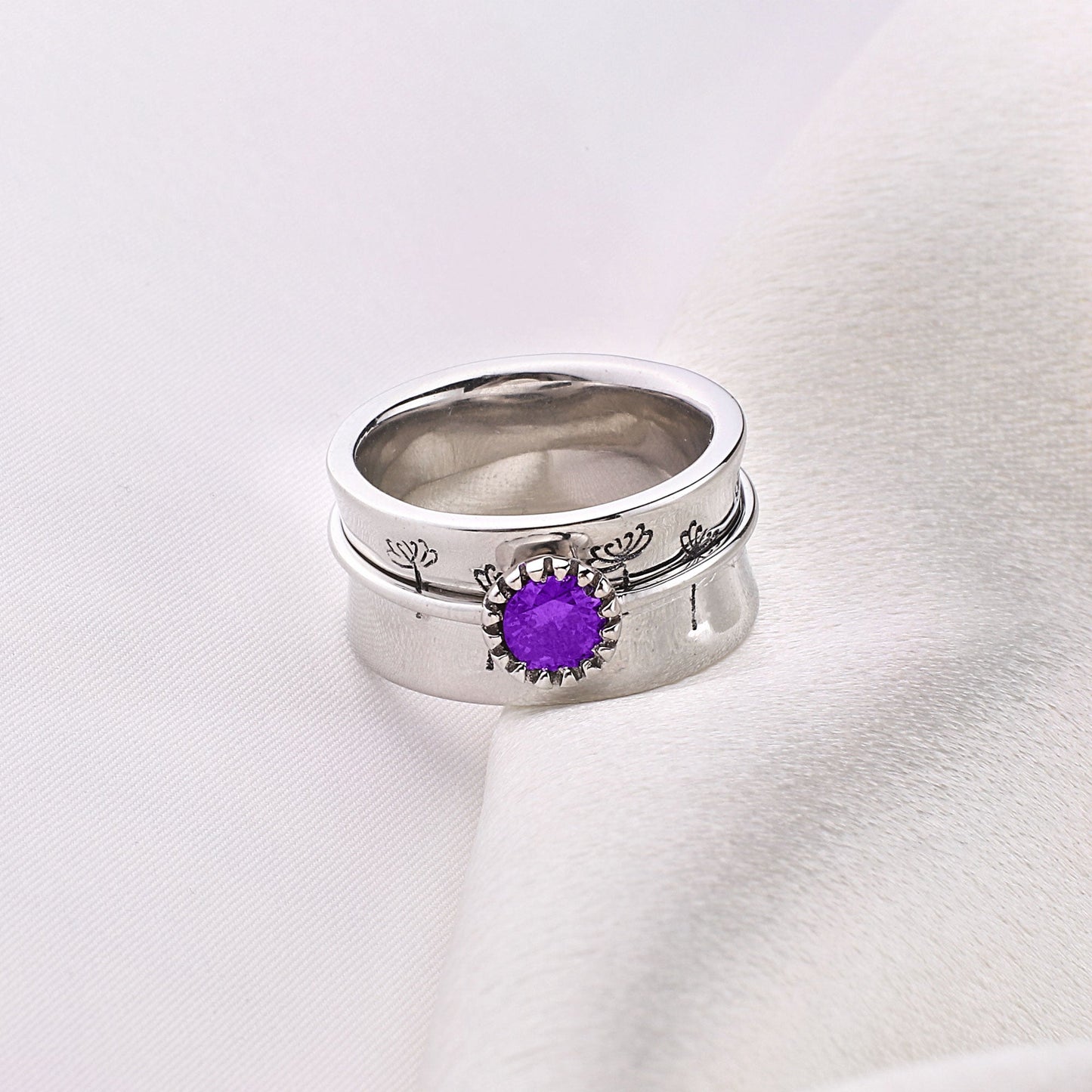 Silver Dandelion Birthstone Spinning Fidget Ring with February birthstone
