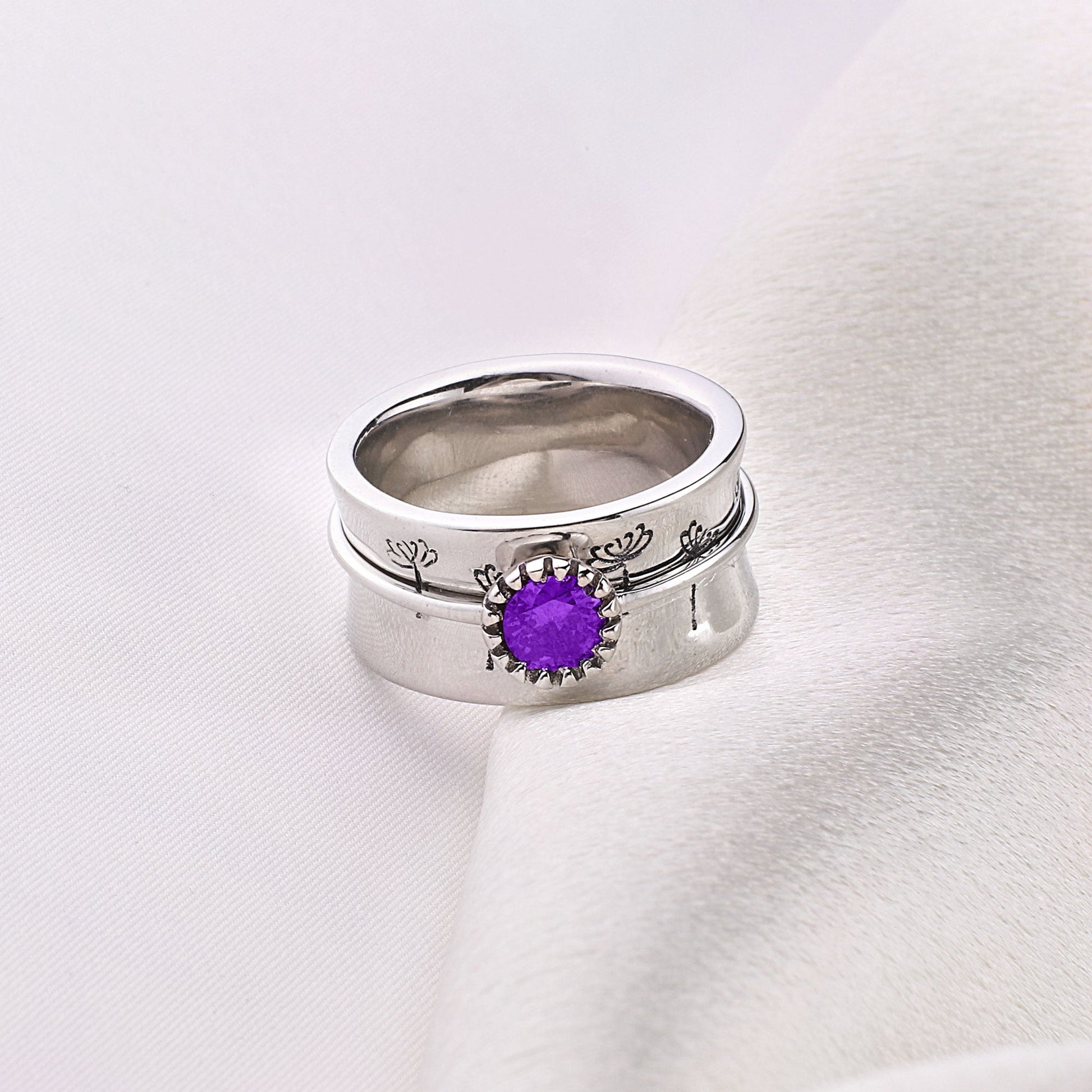 Silver Dandelion Birthstone Spinning Fidget Ring with February birthstone