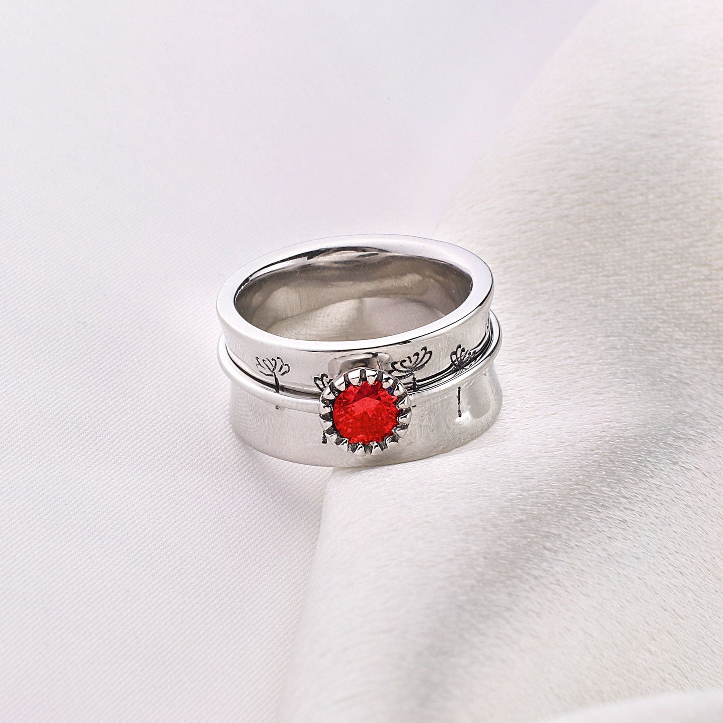 Silver Dandelion Birthstone Spinning Fidget Ring with January birthstone