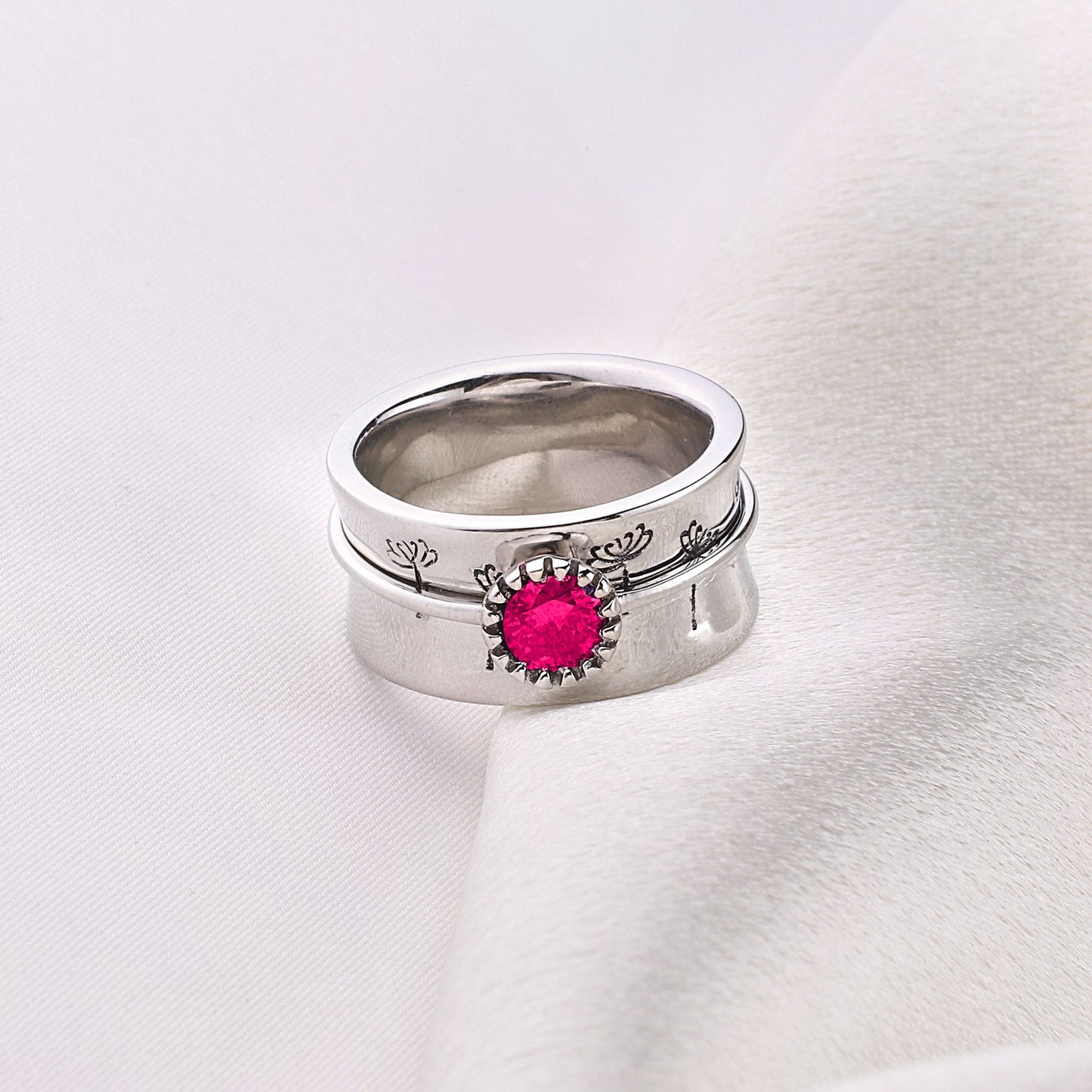 Silver Dandelion Birthstone Spinning Fidget Ring with July birthstone
