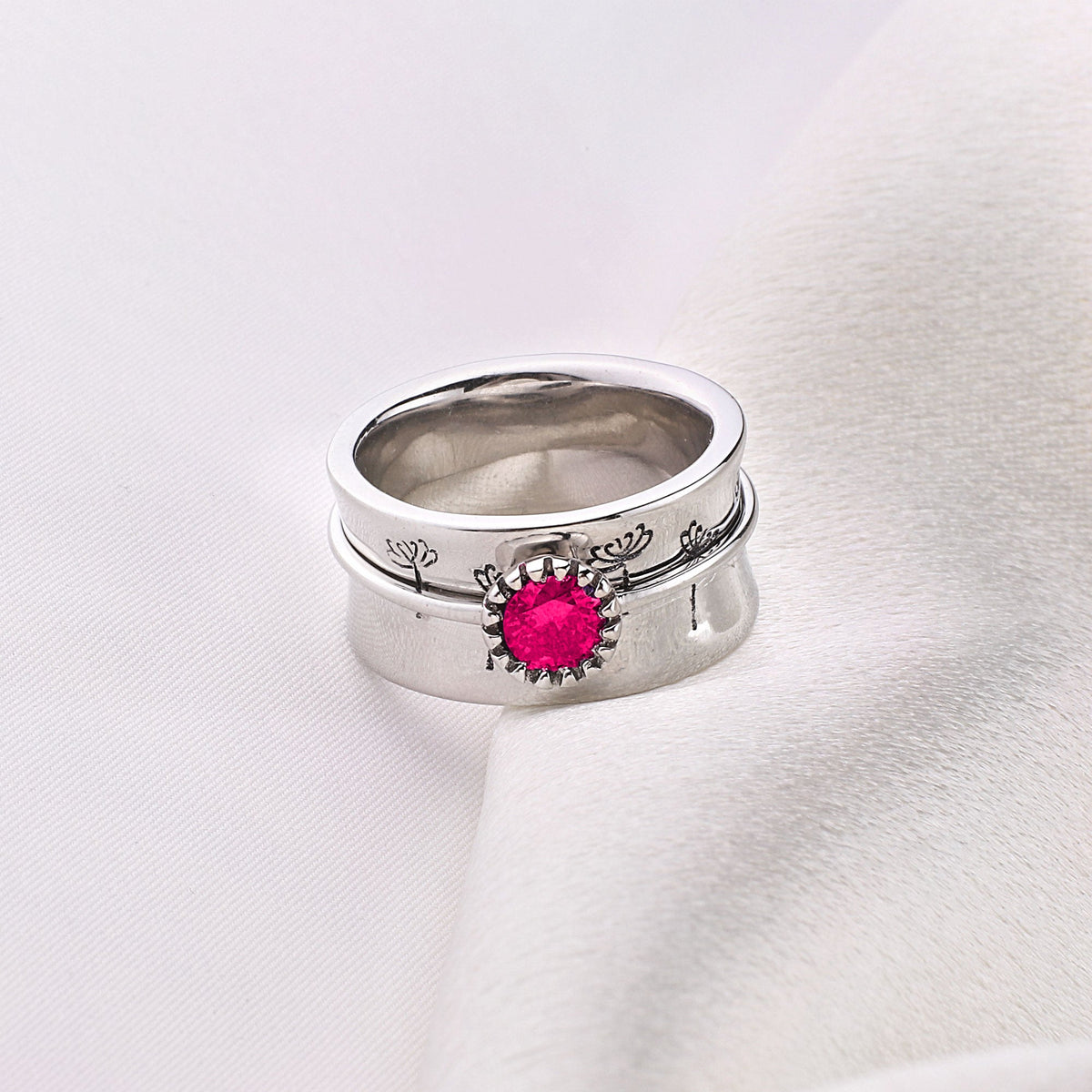 Silver Dandelion Birthstone Spinning Fidget Ring with July birthstone