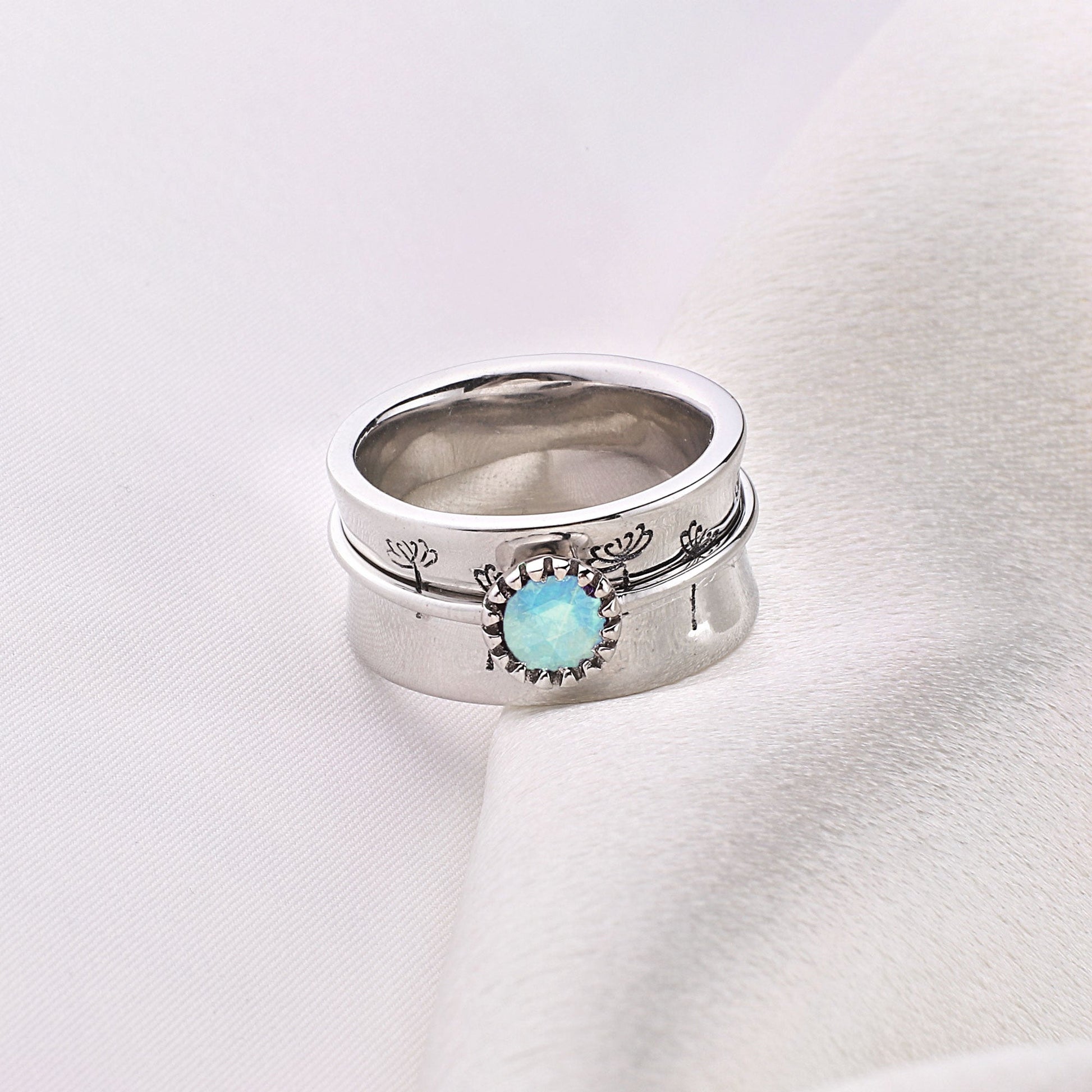 Silver Dandelion Birthstone Spinning Fidget Ring with June birthstone