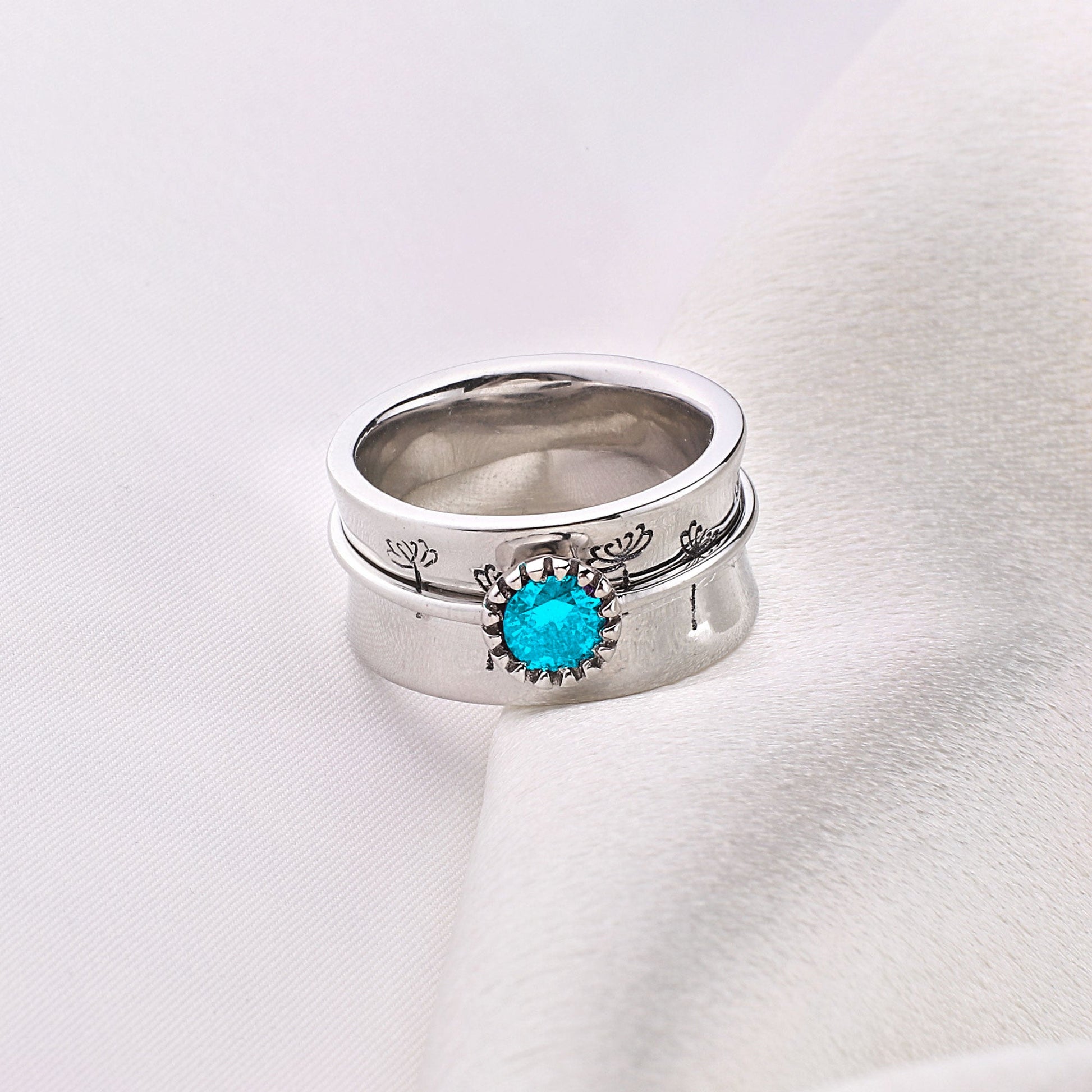 Silver Dandelion Birthstone Spinning Fidget Ring with March birthstone