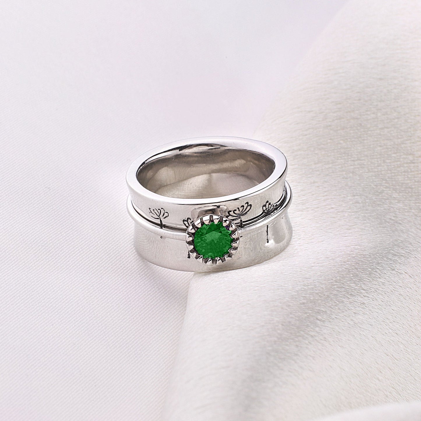 Silver Dandelion Birthstone Spinning Fidget Ring with May birthstone
