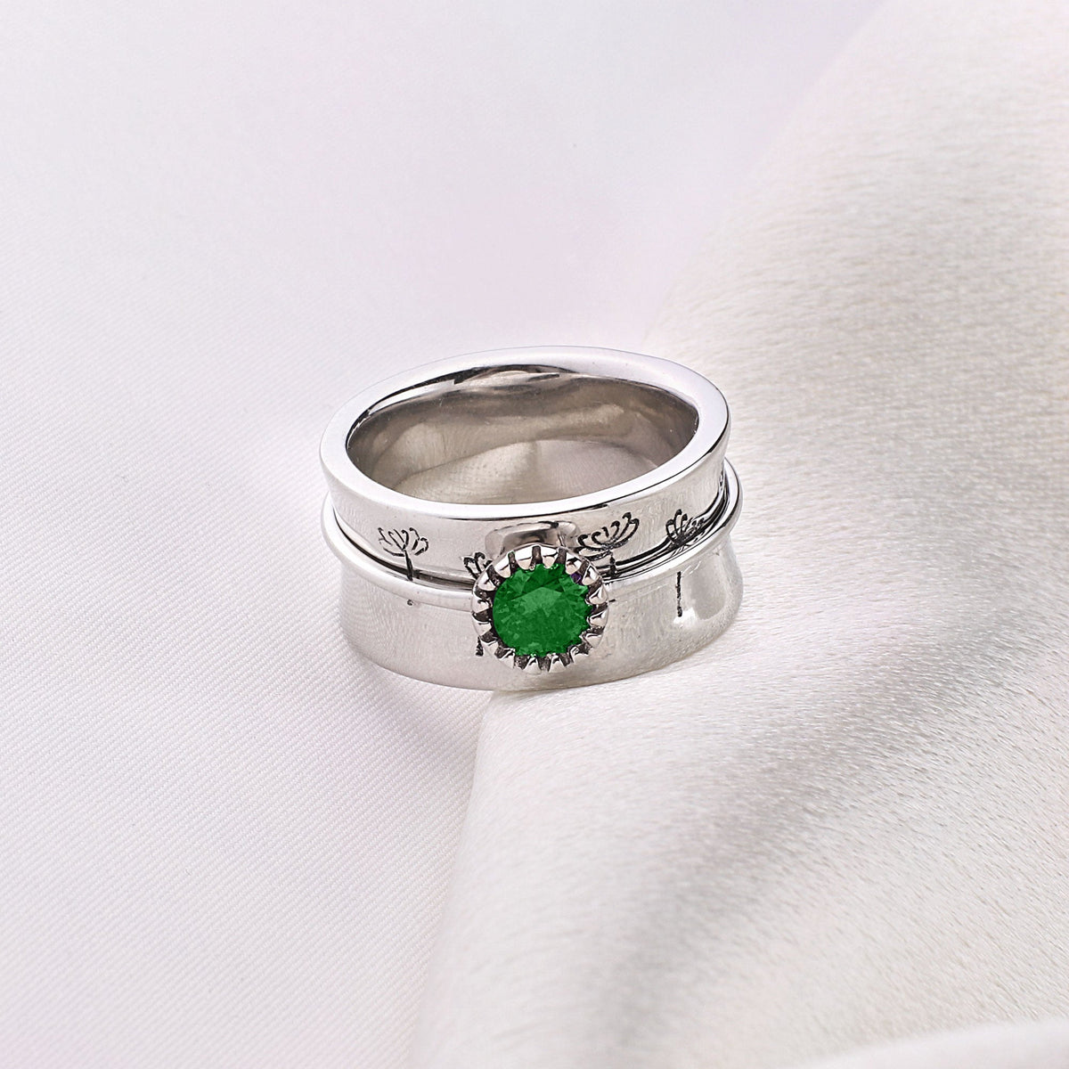 Silver Dandelion Birthstone Spinning Fidget Ring with May birthstone