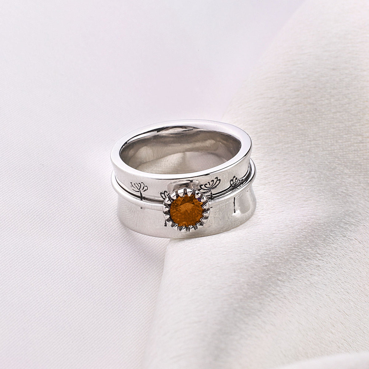 Silver Dandelion Birthstone Spinning Fidget Ring with November birthstone