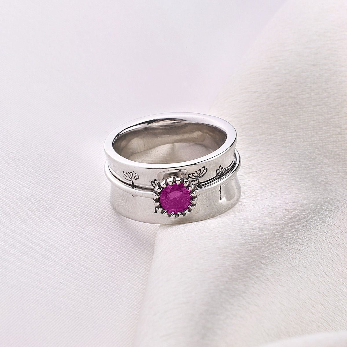 Silver Dandelion Birthstone Spinning Fidget Ring with October birthstone