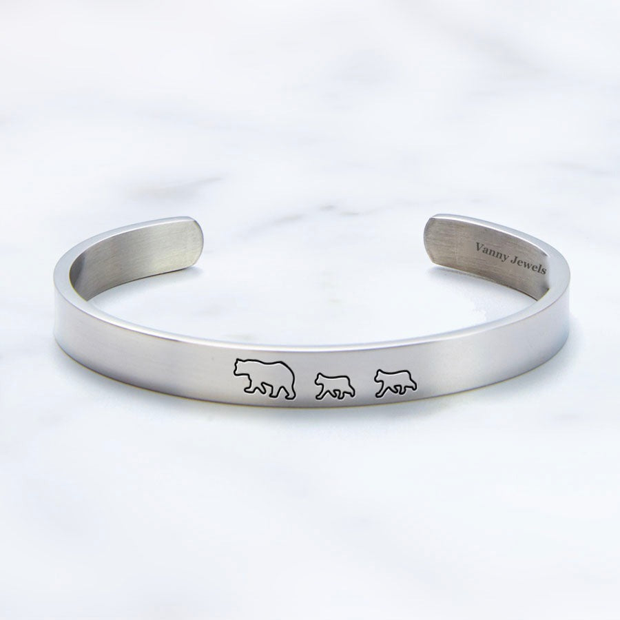 Mama Bear & Her Baby Bears Engraved Cuff Bracelet