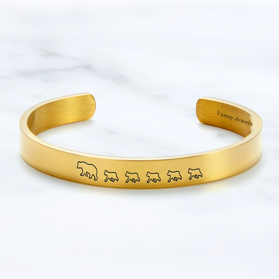 Mama Bear & Her Baby Bears Engraved Cuff Bracelet