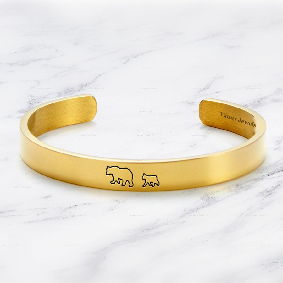 Mama Bear & Her Baby Bears Engraved Cuff Bracelet
